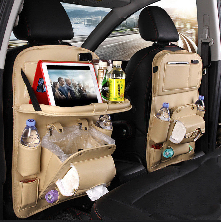 Premium PU Leather Car Seat Organizer with Foldable Tray