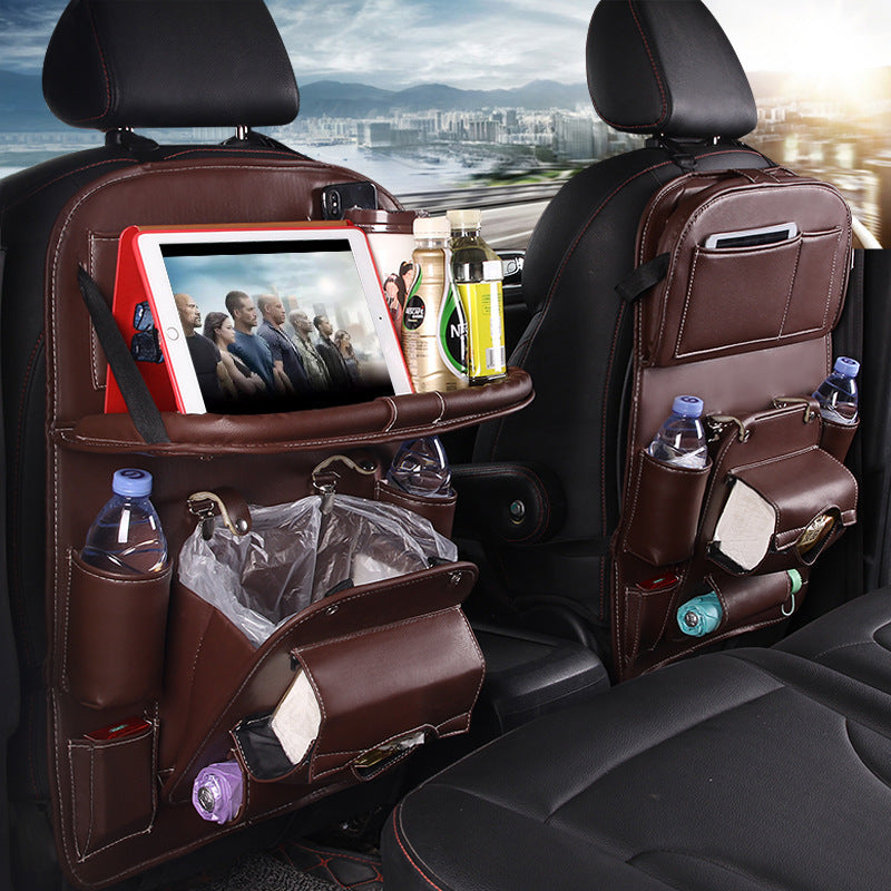 Premium PU Leather Car Seat Organizer with Foldable Tray