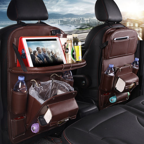 Premium PU Leather Car Seat Organizer with Foldable Tray