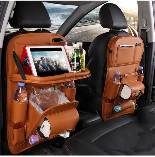 Premium PU Leather Car Seat Organizer with Foldable Tray
